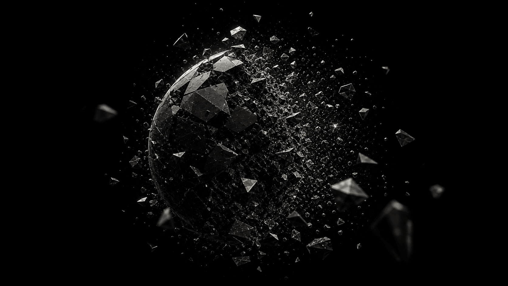A dense fractured world suspended in space, its scattered pieces beginning to return